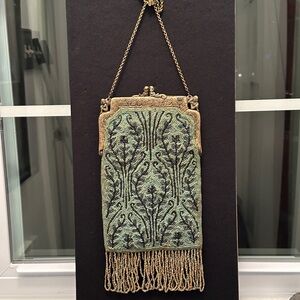 Antique Henri Bendel beaded purse with cherub frame art deco reproduction 1970s
